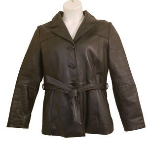 Wilsons L Leather Maxima Belted Jacket Black Dress Coat‎ Pockets Vintage